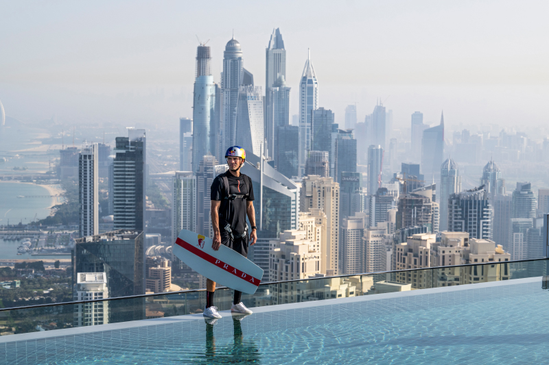 Drone Wakeskating on Dubai Skyscraper's Infinity Pool, Then BASE Jumping Over the Edge – Dubai / UAE